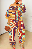 Green Graphic Print Off Shoulder Long Lantern Sleeve Loose Plus Size Overall Jumpsuits
