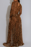 Leopard Print O Neck Long Sleeve High Slit Cut Out Fitted Party Evening Maxi Dresses