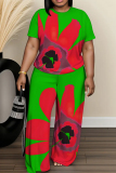 Black Floral Print O Neck Short Sleeve T-shirt and Wide Leg Pants Casual Outing Two Piece Trouser Sets
