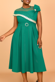 Green O Neck Short Sleeve Bow Decor Lace Trim Gauze Patchwork A-line Fitted Casual Party Evening Plus Size Maxi Dresses
