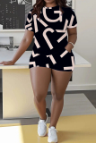 Black White Letter Print O Neck Short Sleeve T-shirt and Skinny Shorts Casual Outing Plus Size Two Piece Short Sets