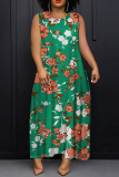 Pink Floral Print O Neck Sleeveless Loose Straight Casual Outing Maxi Dresses
