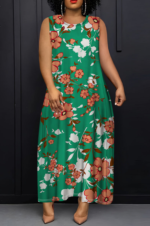 Pink Floral Print O Neck Sleeveless Loose Straight Casual Outing Maxi Dresses