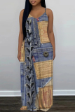 Light Blue Faux Denim Print Sleeveless Backless Fitted Casual Party Vacation Plus Size Maxi Slip Dresses