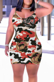 Khaki Graphic Camouflage Print Sleeveless Backless Bodycon Casual Outing Plus Size Mini Slip Dresses
