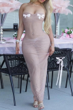 Pink Gauze Sleeveless Backless See-Through Bow Decor Bodycon Party Club Wear Evening Maxi Tube Dresses