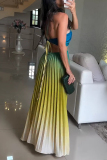 Green Gradient Print Sleeveless Tie-back Backless Cut Out Pleated Casual Party Vacation Halter Maxi Dresses