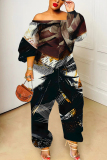 Grey Graphic Floral Print Off Shoulder Long Lantern Sleeve Loose Plus Size Overall Jumpsuits