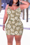 Brown Floral Print Sleeveless Backless Bodycon Casual Outing Plus Size Mini Slip Dresses