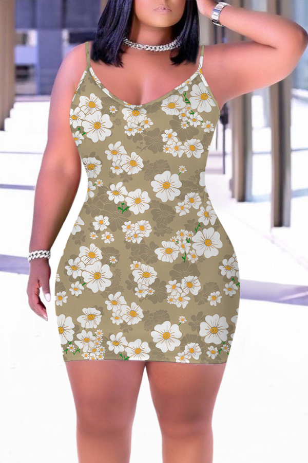 Brown Floral Print Sleeveless Backless Bodycon Casual Outing Plus Size Mini Slip Dresses