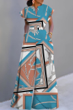 Blue Plant Floral Print V Neck Short Sleeve Waisted Casual Party Vacation Plus Size Wide Leg Jumpsuits