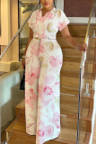 Light Blue Plant Floral Print V Neck Short Sleeve Belted Casual Vacation Plus Size Wide Leg Jumpsuits