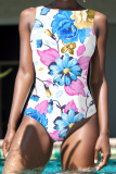 White Orange Floral Print Boat Neck Sleeveless Plus Size One Piece Swimwear Swimsuits