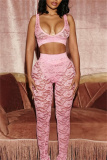 Black Lace See-Through  V Neck Sleeveless Backless Bra Tops and Slit Pants Bodycon Party Club Wear Two Piece Trouser Sets
