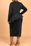 Black Long Sleeve Beading Ruffle Trim Belted Bodycon Party Evening Office Lady Plus Size Maxi Dresses