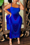 Blue Abstract Print Sleeveless Backless Bodycon Casual Party Vacation Plus Size Maxi Slip Dresses