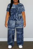 Dark Blue Faux Denim Print O Neck Short Sleeve T-shirt and Wide Leg Pants Casual Outing Two Piece Trouser Sets