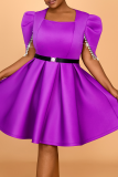 Purple Square Neck Petal Sleeve Beaded Fringe A-line Belted Fitted Casual Party Evening Plus Size Midi Dresses