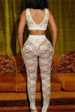 Black Lace See-Through  V Neck Sleeveless Backless Bra Tops and Slit Pants Bodycon Party Club Wear Two Piece Trouser Sets