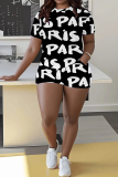 Black White Letter Print O Neck Short Sleeve T-shirt and Skinny Shorts Casual Outing Plus Size Two Piece Short Sets