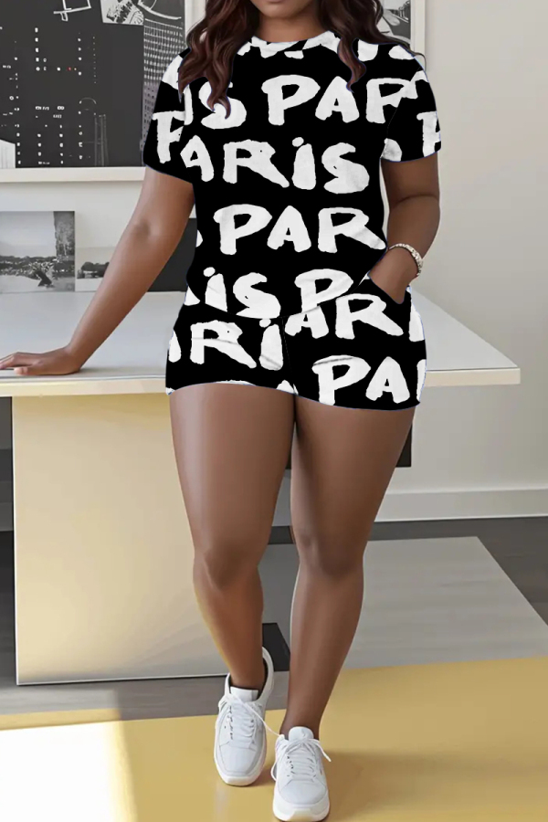 Black White Letter Print O Neck Short Sleeve T-shirt and Skinny Shorts Casual Outing Plus Size Two Piece Short Sets
