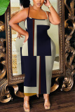 Dark Blue Colorblock Print Sleeveless Backless Bodycon Casual Party Vacation Plus Size Maxi Slip Dresses