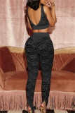 Black Lace See-Through  V Neck Sleeveless Backless Bra Tops and Slit Pants Bodycon Party Club Wear Two Piece Trouser Sets