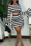 Black Stripe Oblique Collar Long Flare Sleeve Tops and Ruffle Trim Mini Skirts Skinny Casual Outing Two Piece Dress Sets