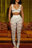 Black Lace See-Through  V Neck Sleeveless Backless Bra Tops and Slit Pants Bodycon Party Club Wear Two Piece Trouser Sets