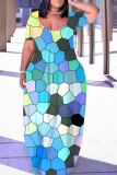 Cyanine Geometric Figure Print U Neck Short Sleeve Loose Casual Vacation Plus Size Maxi Dresses