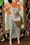 Dark Blue Colorblock Print Sleeveless Backless Bodycon Casual Party Vacation Plus Size Maxi Slip Dresses