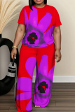 Black Floral Print O Neck Short Sleeve T-shirt and Wide Leg Pants Casual Outing Two Piece Trouser Sets
