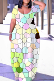 Cyanine Geometric Figure Print U Neck Short Sleeve Loose Casual Vacation Plus Size Maxi Dresses
