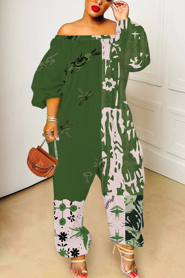 Green Graphic Floral Print Off Shoulder Long Lantern Sleeve Loose Plus Size Overall Jumpsuits