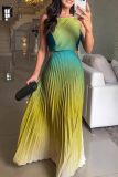 Green Gradient Print Sleeveless Tie-back Backless Cut Out Pleated Casual Party Vacation Halter Maxi Dresses