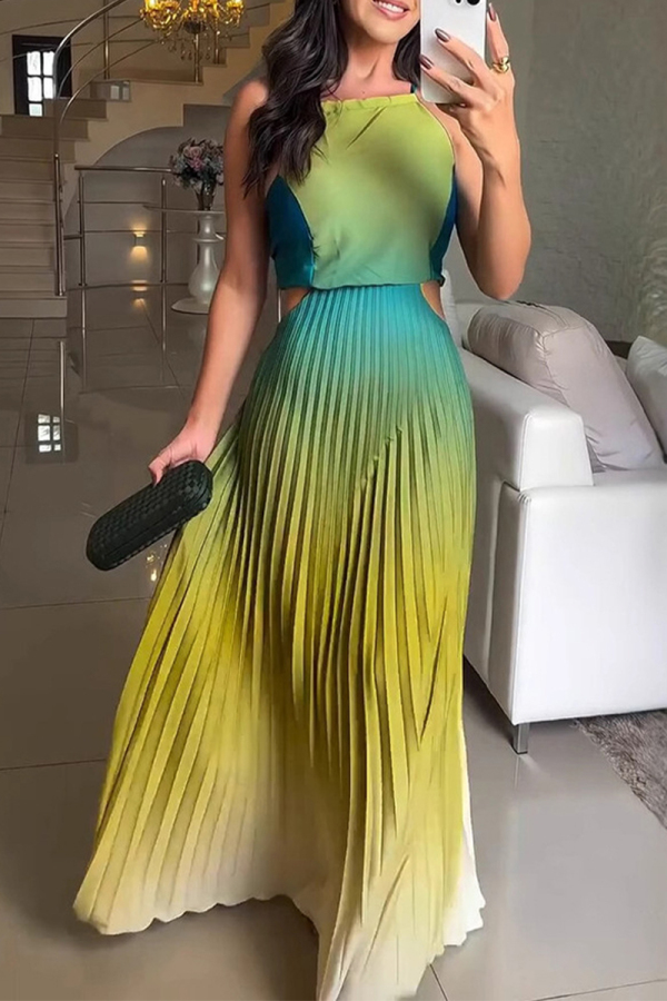 Green Gradient Print Sleeveless Tie-back Backless Cut Out Pleated Casual Party Vacation Halter Maxi Dresses