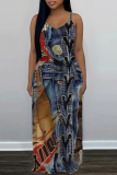 Light Blue Faux Denim Print Sleeveless Backless Fitted Casual Party Vacation Plus Size Maxi Slip Dresses