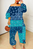 Green Graphic Floral Print Off Shoulder Long Lantern Sleeve Loose Plus Size Overall Jumpsuits