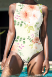 Apricot Floral Print Boat Neck Sleeveless Plus Size One Piece Swimwear Swimsuits