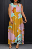 Pink Floral Print O Neck Sleeveless Loose Straight Casual Outing Maxi Dresses