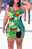 Dark Green Floral Leaf Print Sleeveless Backless Bodycon Casual Outing Plus Size Mini Slip Dresses