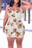 Brown Floral Print Sleeveless Backless Bodycon Casual Outing Plus Size Mini Slip Dresses