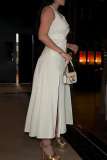 White Turndown Collar Sleeveless Pocket Buttons High Slit Fitted Party Club Wear Maxi Dresses