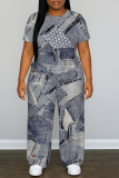 Dark Blue Faux Denim Print O Neck Short Sleeve T-shirt and Wide Leg Pants Casual Outing Two Piece Trouser Sets