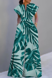 Blue Plant Floral Print V Neck Short Sleeve Waisted Casual Party Vacation Plus Size Wide Leg Jumpsuits