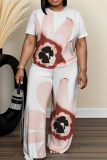 Black Floral Print O Neck Short Sleeve T-shirt and Wide Leg Pants Casual Outing Two Piece Trouser Sets