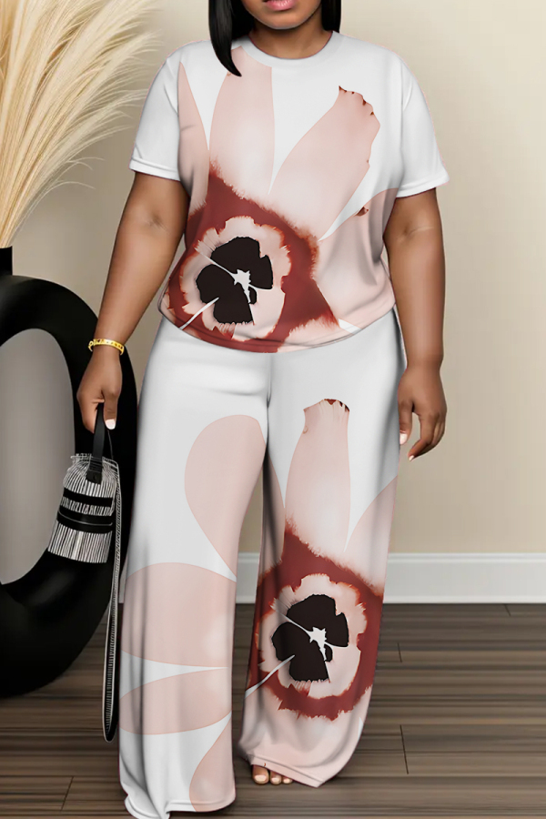Black Floral Print O Neck Short Sleeve T-shirt and Wide Leg Pants Casual Outing Two Piece Trouser Sets