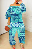 Green Graphic Print Off Shoulder Long Lantern Sleeve Loose Plus Size Overall Jumpsuits