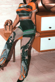 Orange Casual Graphic Print O Neck Short Sleeve T-shirt And Skinny Pants Bodycon Two Piece Trouser Sets