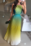 Green Gradient Print Sleeveless Tie-back Backless Cut Out Pleated Casual Party Vacation Halter Maxi Dresses